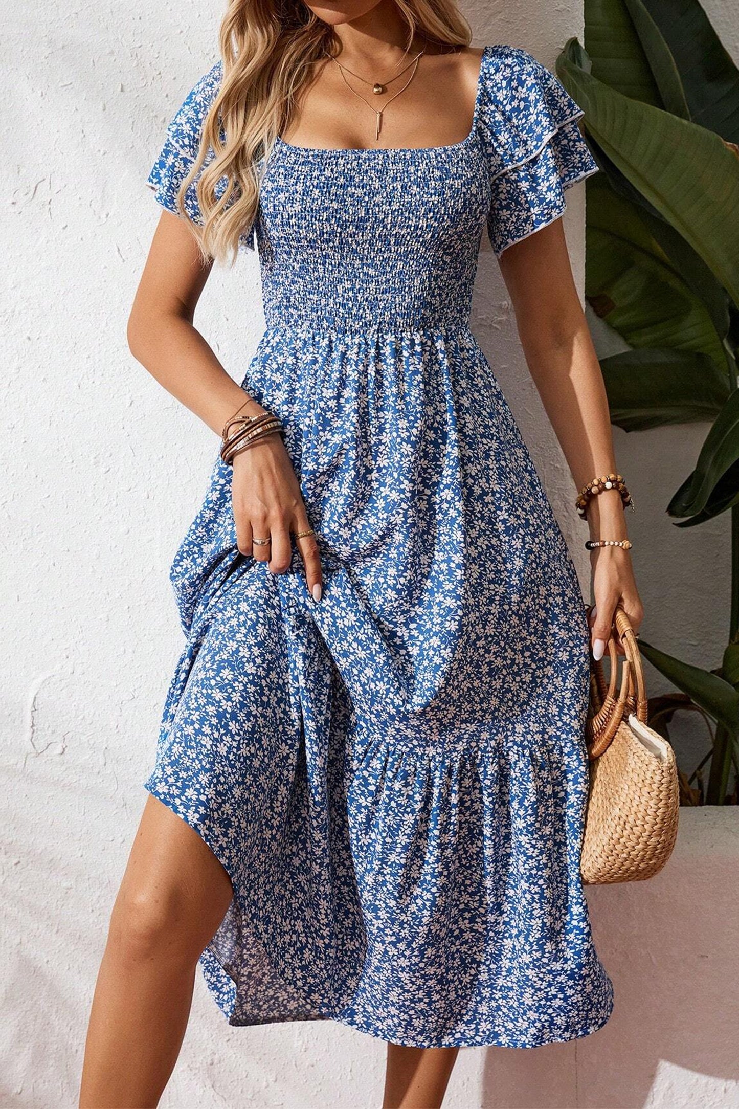 Beige Ditsy Floral Print Smocked Square Neck Ruffle Short Sleeve Dress