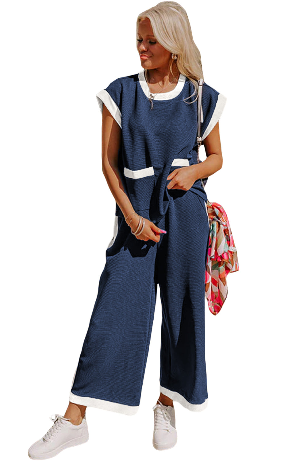 Navy Blue Contrast Trim Pocket T Shirt and Wide Leg Pants Set