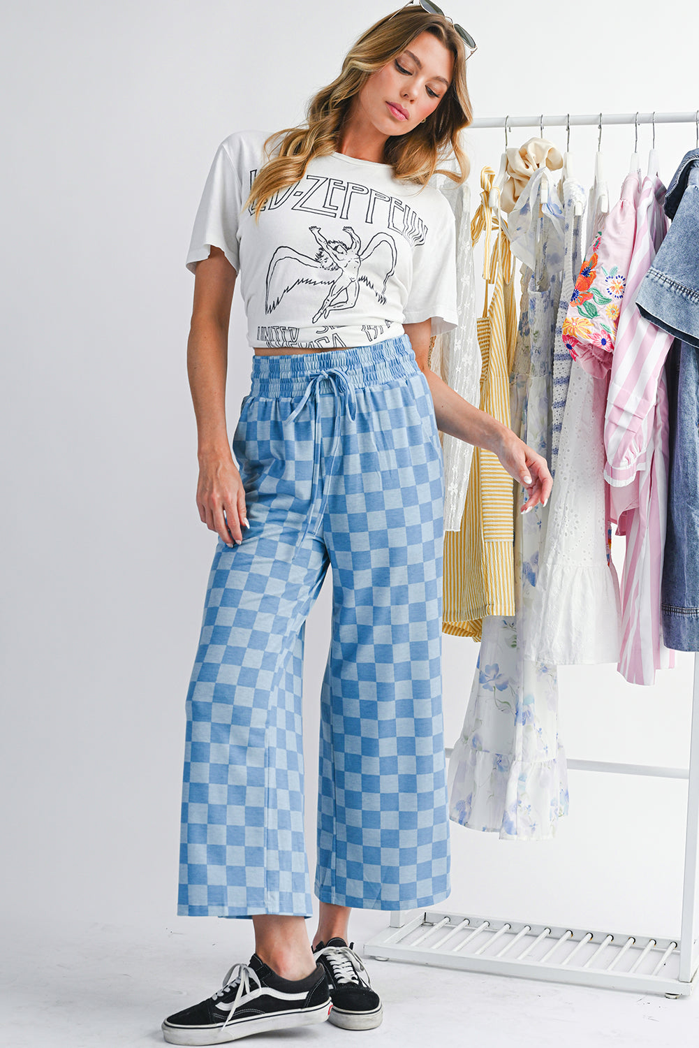Sky Blue Tie Elastic Waist Checkered Loose Pants