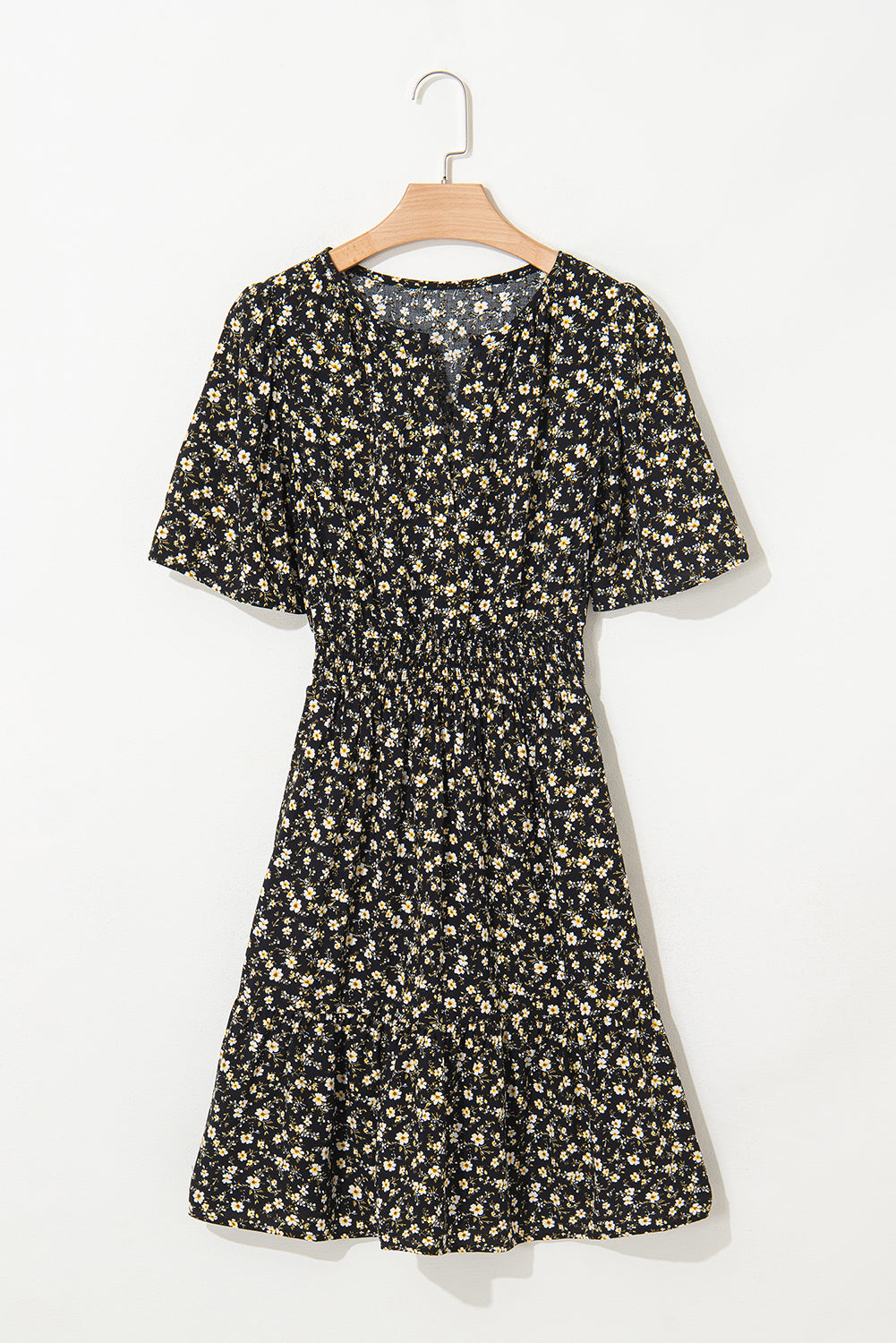Red Floral Print Wrap V Neck Short Sleeve High Waistband Mini Dress