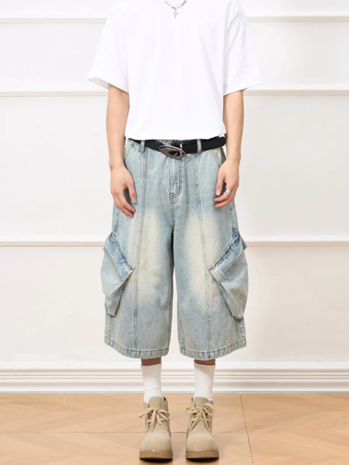 Men's Vintage Wash Wide-Leg Capris Jeans