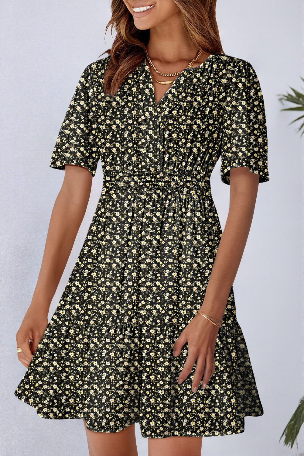 Red Floral Print Wrap V Neck Short Sleeve High Waistband Mini Dress