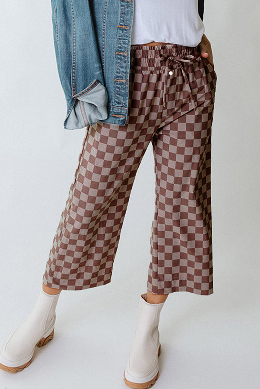 Sky Blue Tie Elastic Waist Checkered Loose Pants