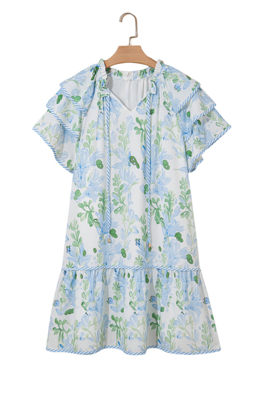 Sky Blue Floral Contrast Edge Ruffle Sleeve Tie Neck Mini Dress