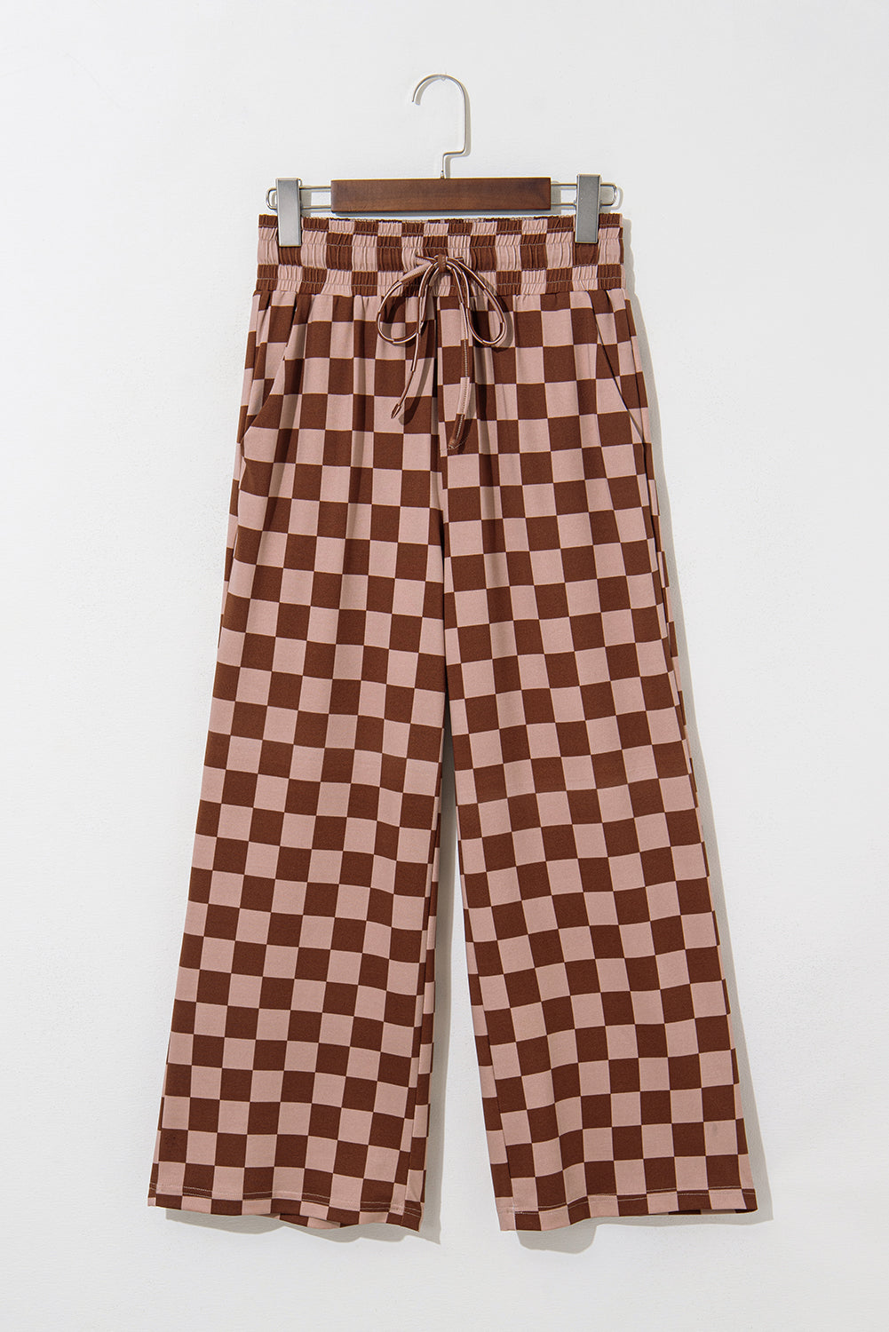 Sky Blue Tie Elastic Waist Checkered Loose Pants