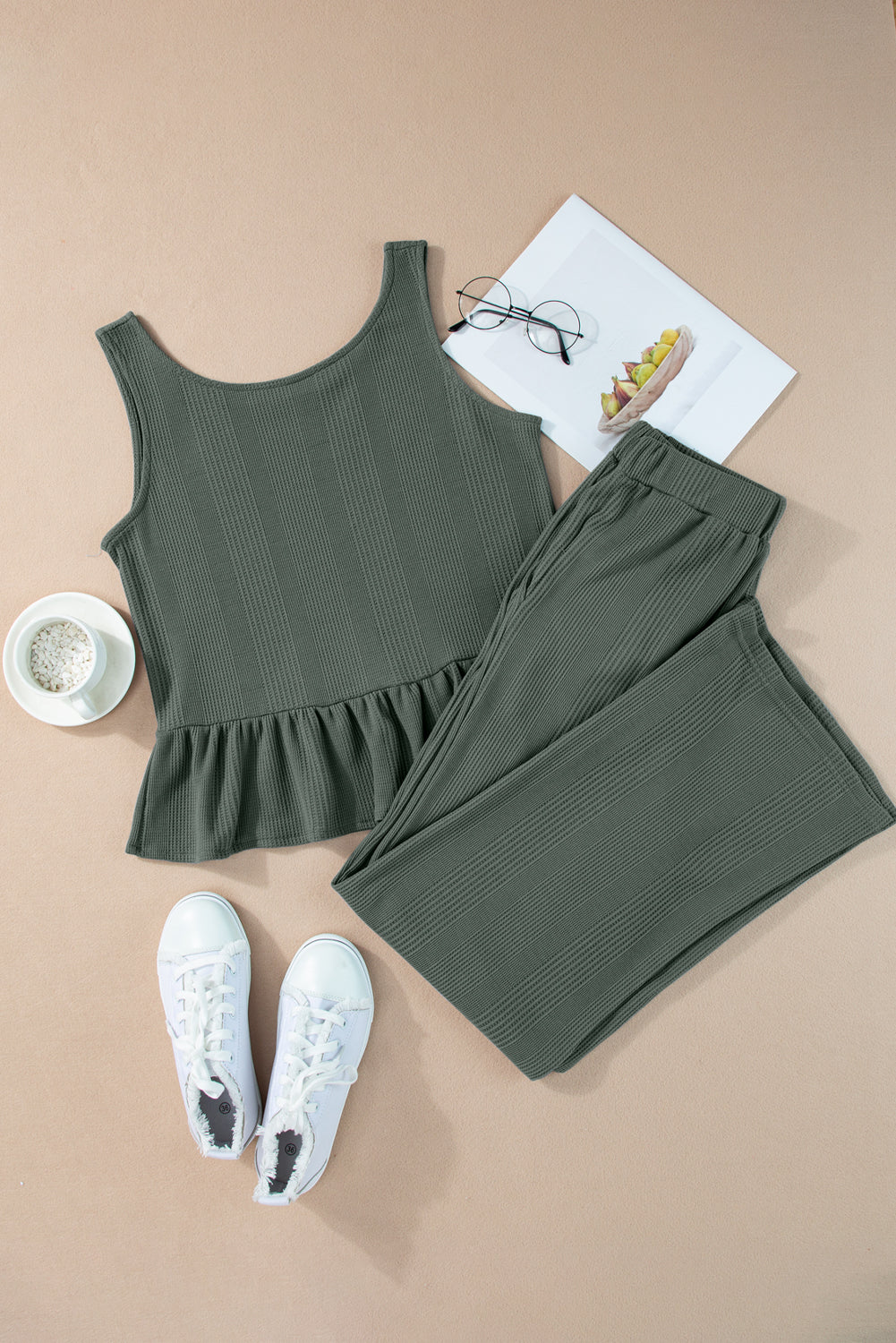 Duffel Green Solid Color Ribbed Ruffle Tank Top and Pants Set