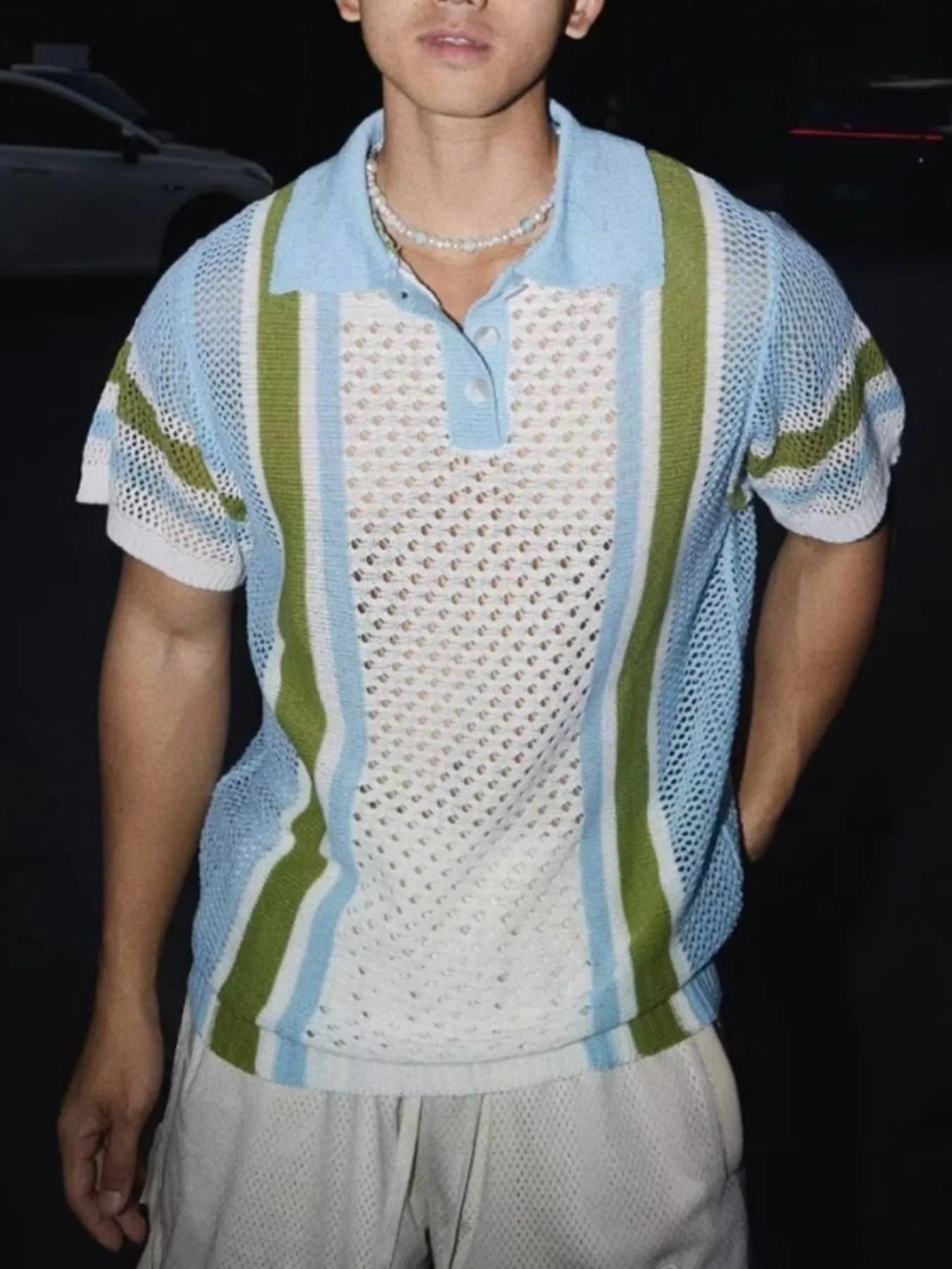 Men's Full Size Hollow Out Short Sleeve Contrast Knit Polo Plus Size