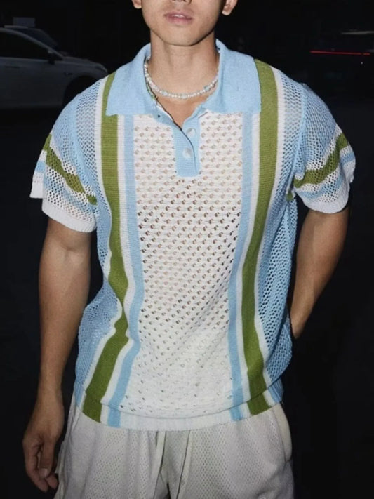Men's Full Size Hollow Out Short Sleeve Contrast Knit Polo Plus Size