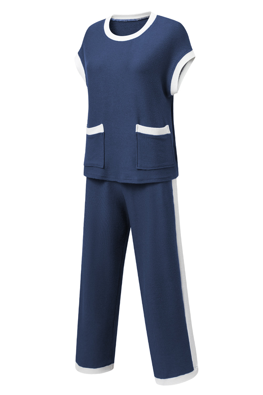 Navy Blue Contrast Trim Pocket T Shirt and Wide Leg Pants Set