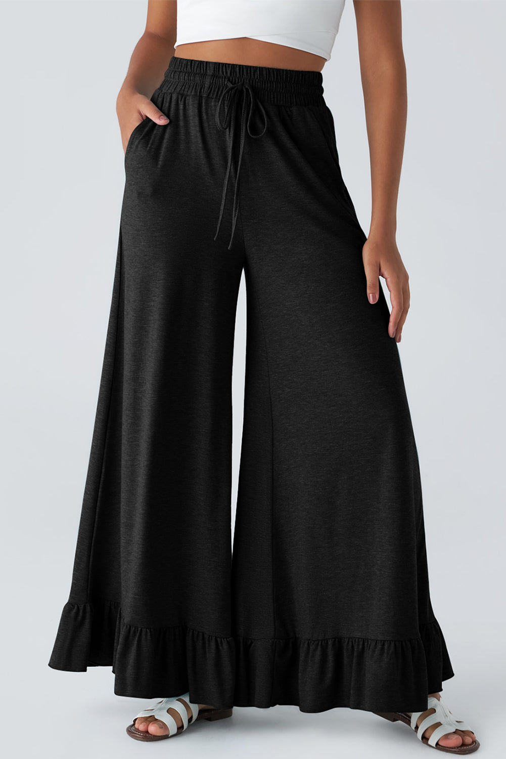 Black Solid Color Ruffle Hem Wide Leg Pants 