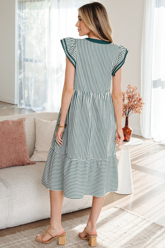 Green Stripe Double Ruffled Short Sleeve Contrast Trim V Neck Midi Dress