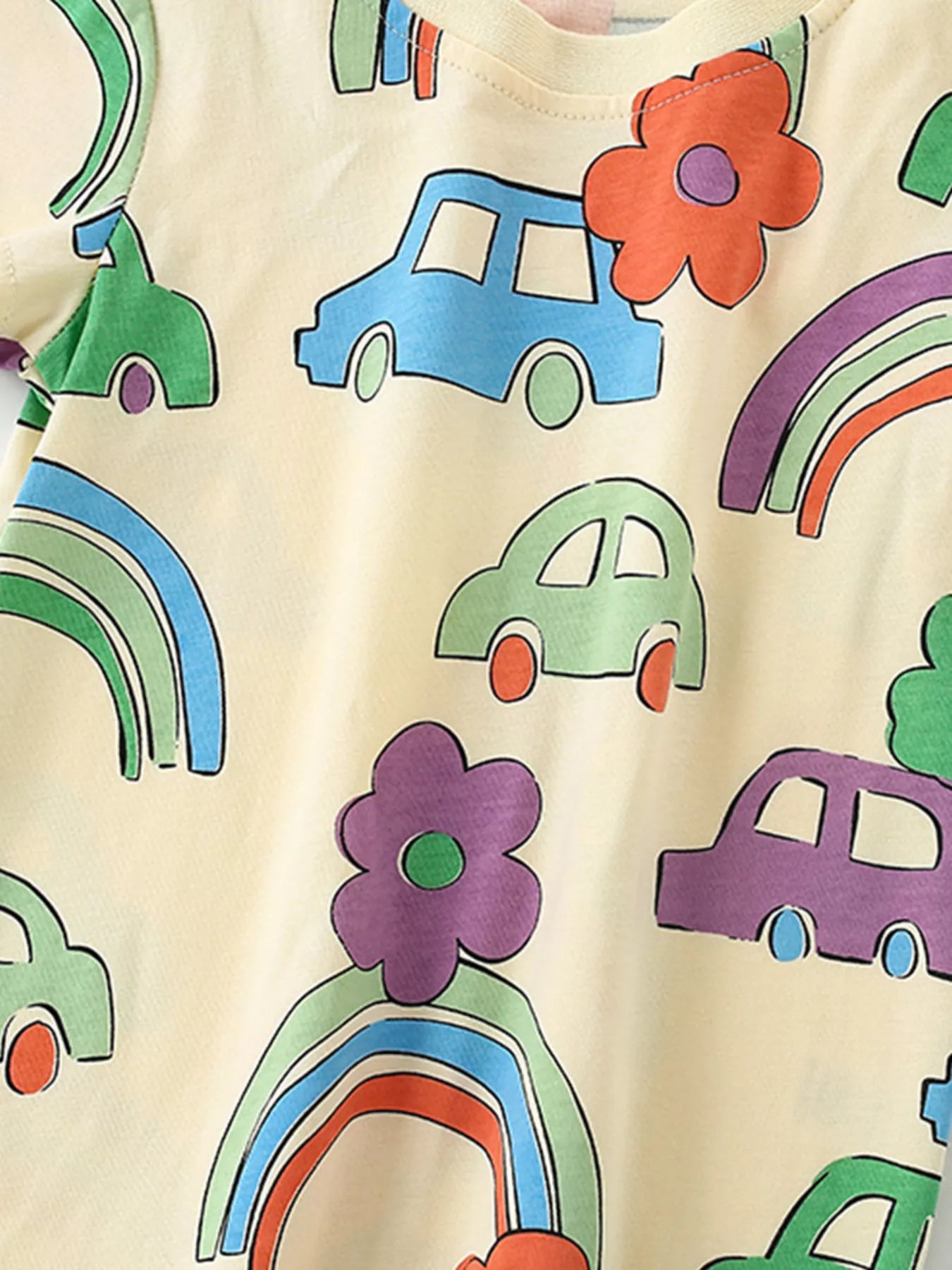 Children's Cartoon Car & Rainbow Print Short Sleeve T-Shirt