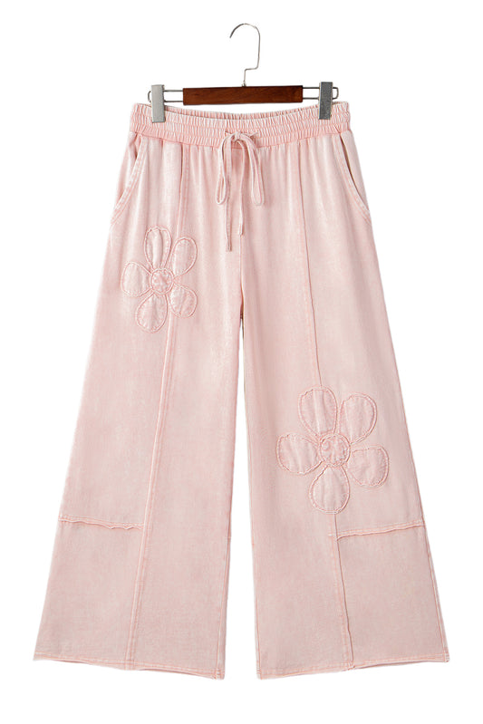 Pink Flower Patch Mineral Washed Cropped Wide Leg Pants