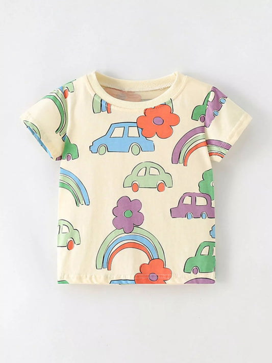 Children's Cartoon Car & Rainbow Print Short Sleeve T-Shirt