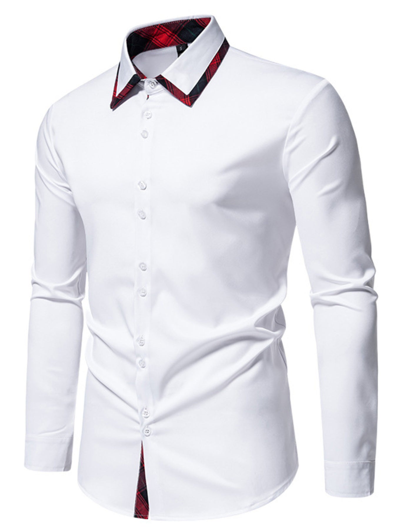 White dress shirt with a red plaid collar on a white background