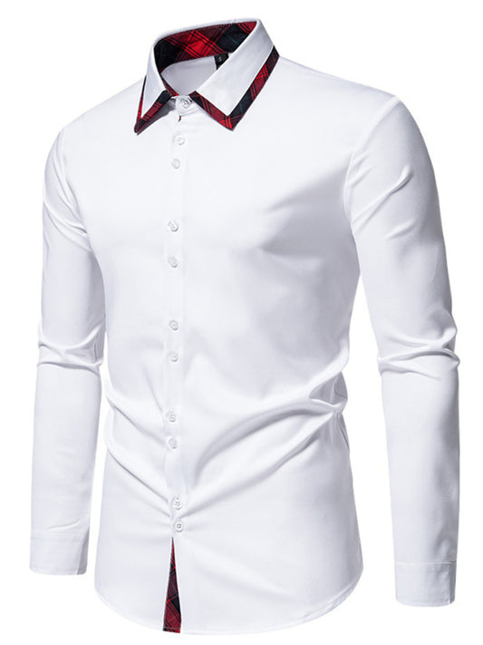 White dress shirt with a red plaid collar on a white background