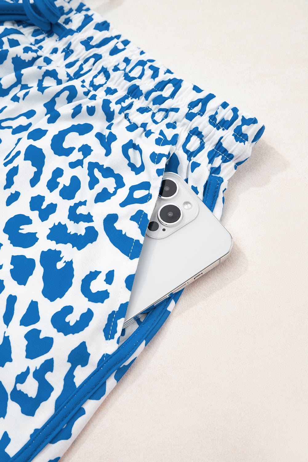 White Leopard Elastic Waist Lace up Contrast Trim Casual Shorts