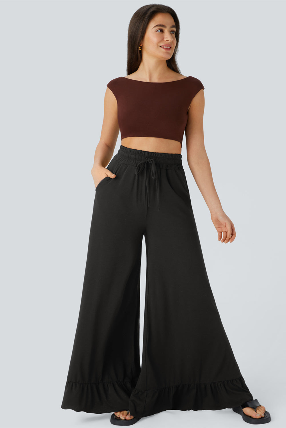 Black Solid Color Ruffle Hem Wide Leg Pants 