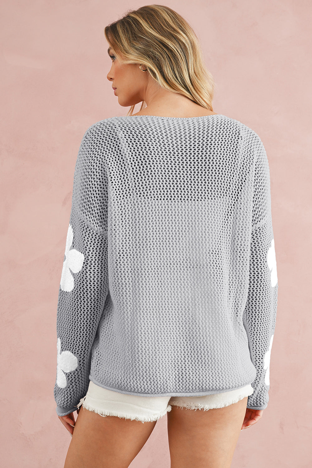 Sea Green 60s Flower Drop Shoulder Hollow Knit Top 