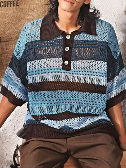 Men's Full Size Vintage Striped Short Sleeve Knit Polo Plus Size