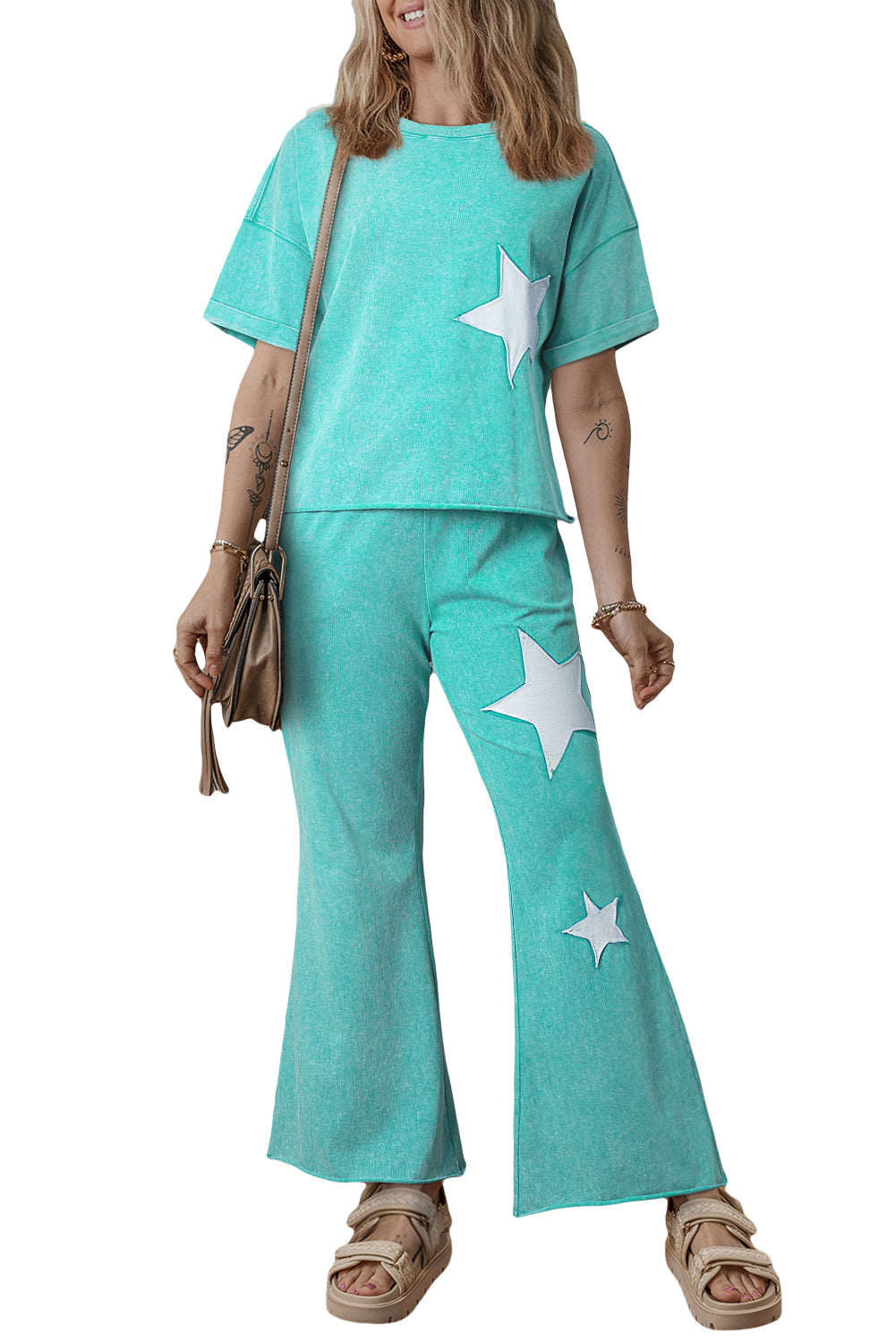 Mint Green Mineral Wash Star Patched Loose Pants Set