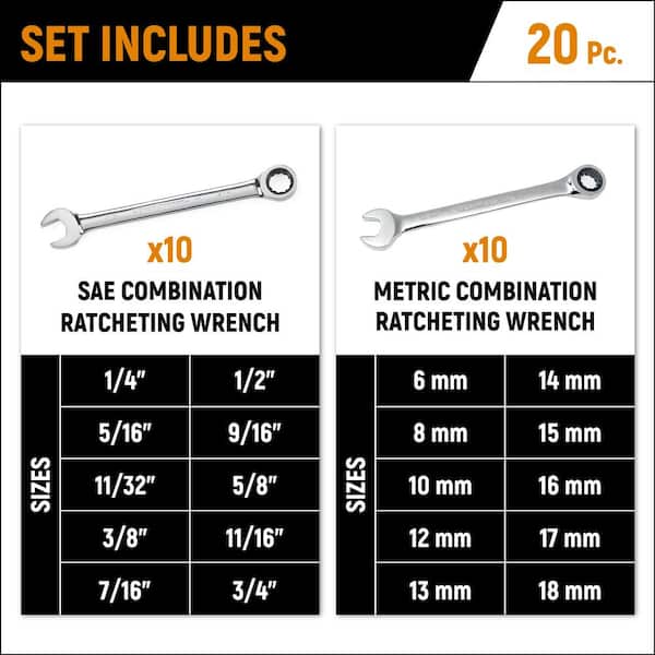 GEARWRENCH 72-Tooth 12-Point SAE/Metric Ratcheting Wrench Set 20-Piece
