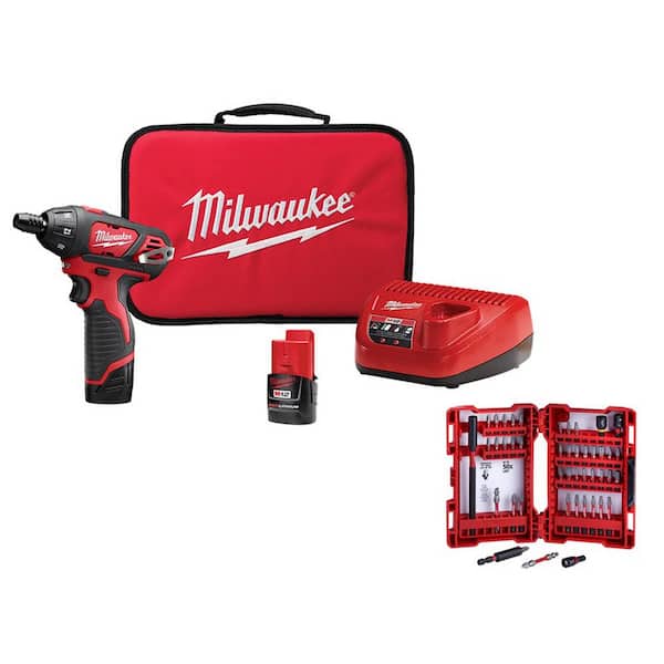 Milwaukee tool kit with drill, battery, and accessories on a white background