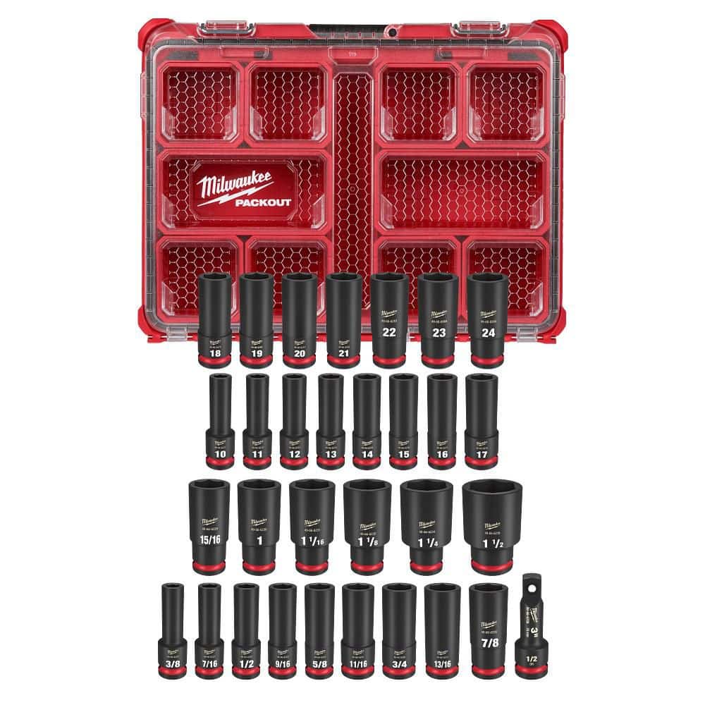Set of Milwaukee impact sockets in a red tool case on a white background