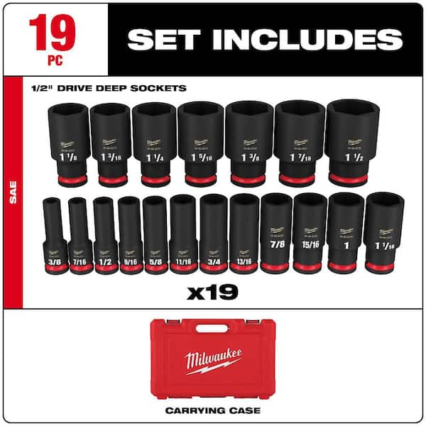 Milwaukee SHOCKWAVE e SH1/2-inch Drive SAE 6-Point Impact Socket Set, 19-Piece