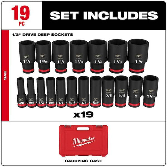 Milwaukee SHOCKWAVE e SH1/2-inch Drive SAE 6-Point Impact Socket Set, 19-Piece