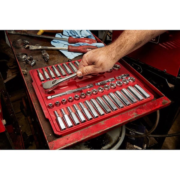 Milwaukee 3/8 in. Drive SAE/Metric Ratchet and Socket Mechanics Tool Set (56-Piece) 48-22-9008