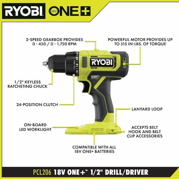 RYOBI ONE+ 18V Cordless 1/2-inch Drill Driver Kit with Battery & Charger