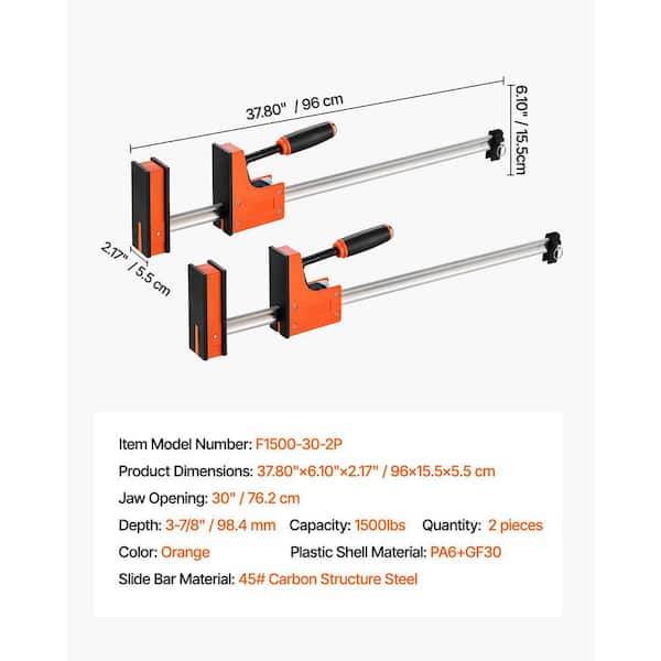 SKYSHALOCarbon Steel 30-in F-Clamp Set, 1500‑lb Even Pressure