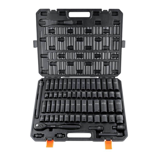 VEVOR 1/2 in. Drive Impact Socket Set, 65-Piece SAE 3/8 in. to 1-1/4 in. & Metric 10-24mm Cr-V Alloy Stee